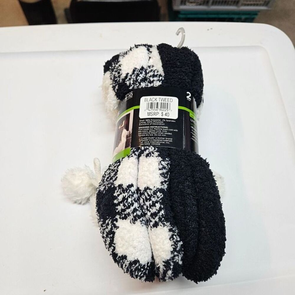 CUDDL DUDS Women's (Size 4-10) Lounge Slipper Socks w/ Pom Poms 2PK Black Tweed